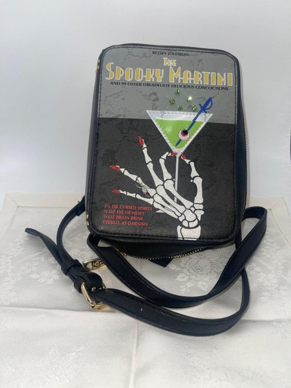 Betsey Johnson The Spooky Martini Crossbody Purse With Chain Strap & Skeleton